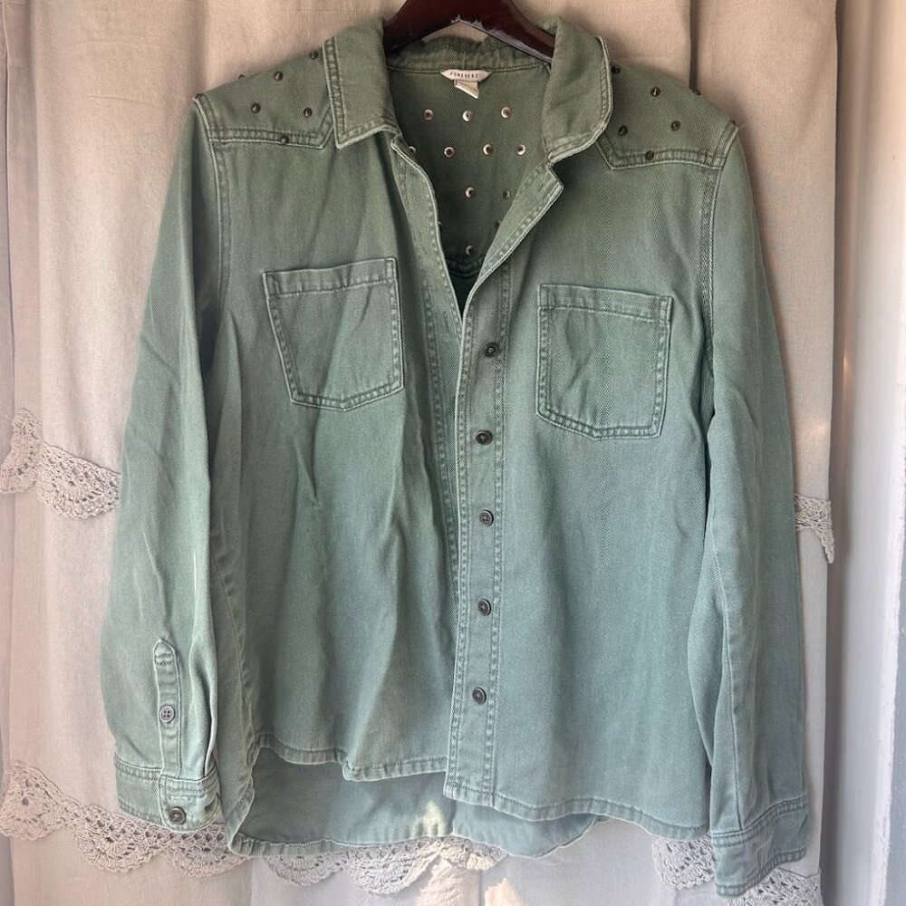 Forever 21 Army Sage Green Studded Denim Jean Jacket Shirt Shacket Large